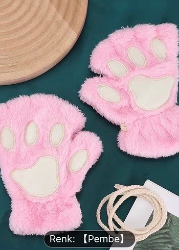 Peluş Siyah Pembe Patili Kadın Eldiven - Görsel 7