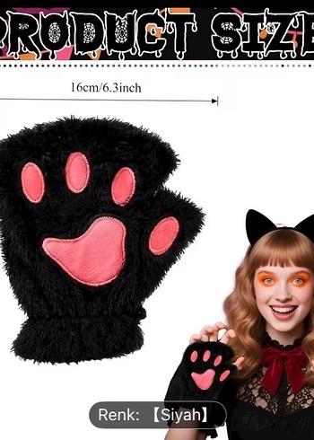 Peluş Siyah Pembe Patili Kadın Eldiven - Görsel 3