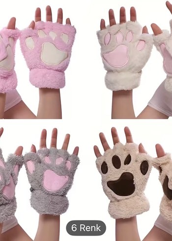 Peluş Siyah Pembe Patili Kadın Eldiven - Görsel 6