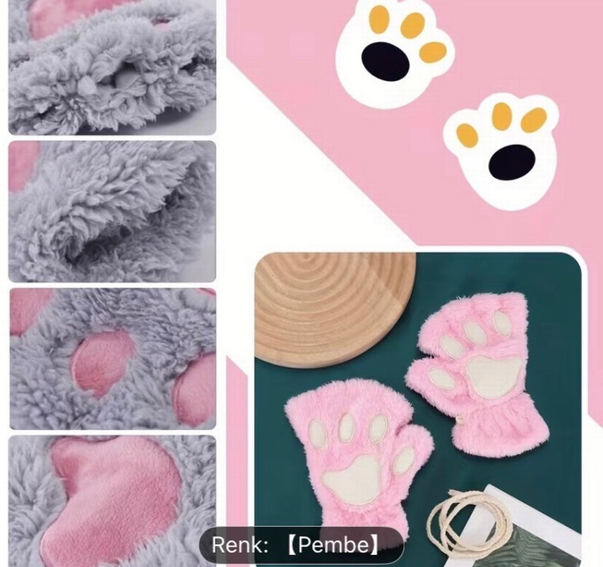 Peluş Siyah Pembe Patili Kadın Eldiven - Görsel 5