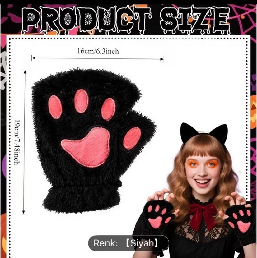 Peluş Siyah Pembe Patili Kadın Eldiven - Görsel 3