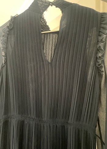 Uzun Kollu Lacivert Pilili midi Elbise - Görsel 3