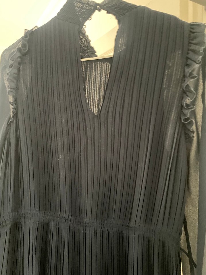 Uzun Kollu Lacivert Pilili midi Elbise - Görsel 3