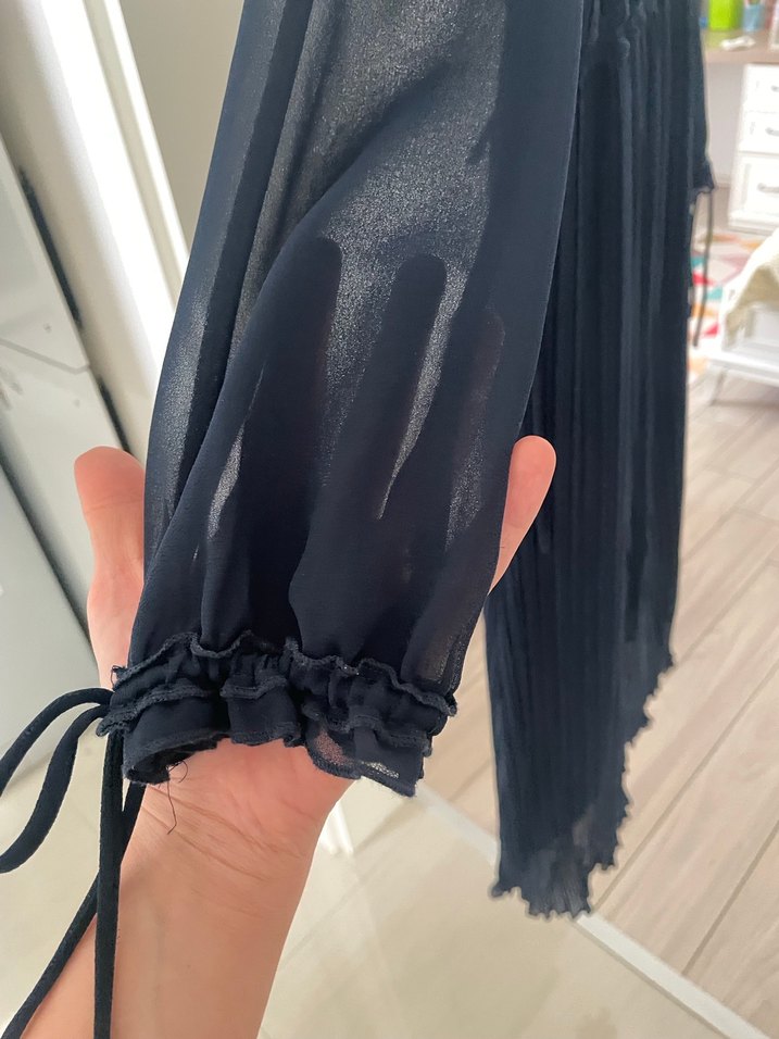 Uzun Kollu Lacivert Pilili midi Elbise - Görsel 2