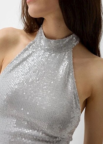 Gri Payetli Yüksek Yakalı Midi Elbise - Görsel 2