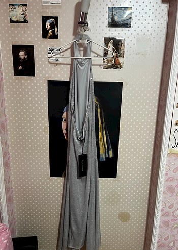 Gri Payetli Yüksek Yakalı Midi Elbise - Görsel 5