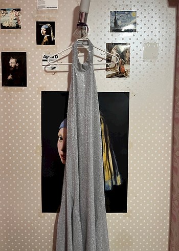 Gri Payetli Yüksek Yakalı Midi Elbise - Görsel 4