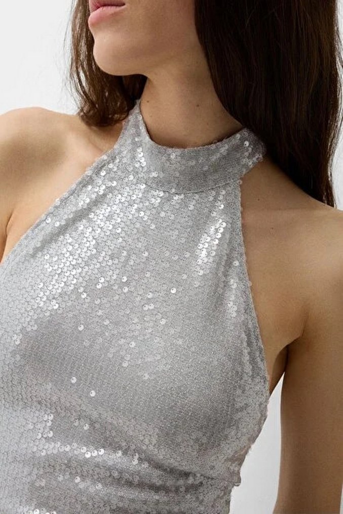 Gri Payetli Yüksek Yakalı Midi Elbise - Görsel 2