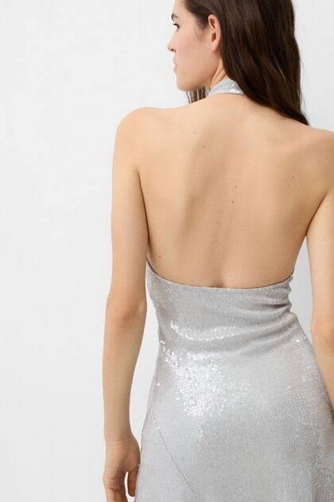 Gri Payetli Yüksek Yakalı Midi Elbise - Görsel 3