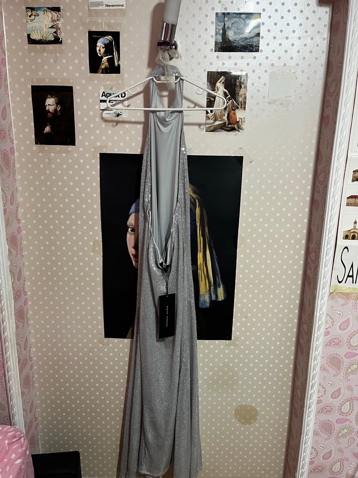 Gri Payetli Yüksek Yakalı Midi Elbise - Görsel 5