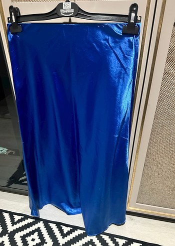 Mavi Saten Salaş Midi Etek - Görsel 6