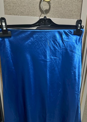 Mavi Saten Salaş Midi Etek - Görsel 3
