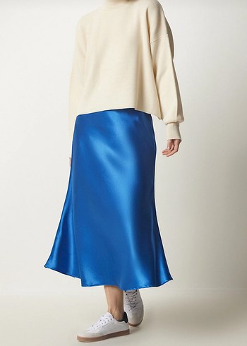 Mavi Saten Salaş Midi Etek - Görsel 2