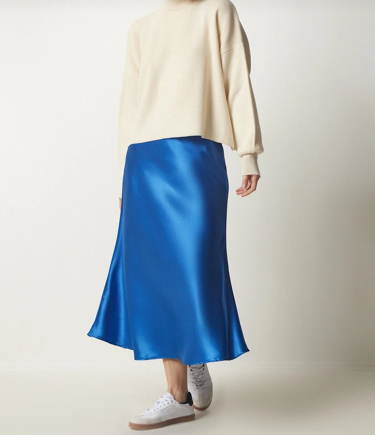 Mavi Saten Salaş Midi Etek - Görsel 2