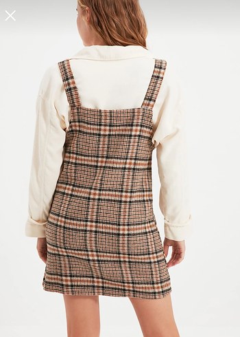 Kahverengi Kareli Midi Elbise - Görsel 5