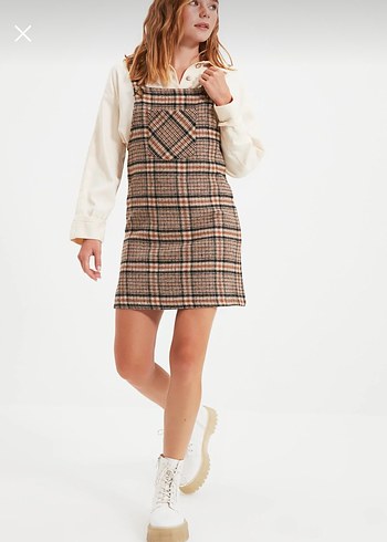 Kahverengi Kareli Midi Elbise - Görsel 2