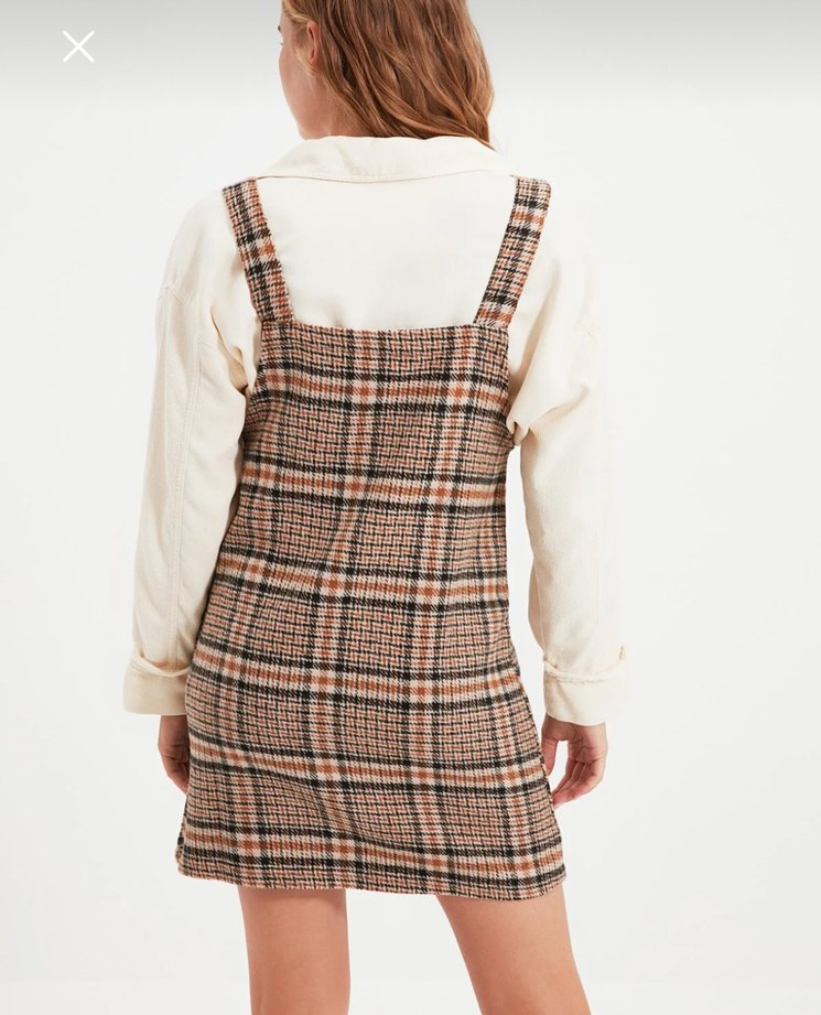 Kahverengi Kareli Midi Elbise - Görsel 5