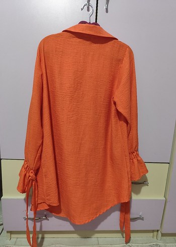 Turuncu Düğmeli Uzun Kollu Keten Gömlek - Görsel 5