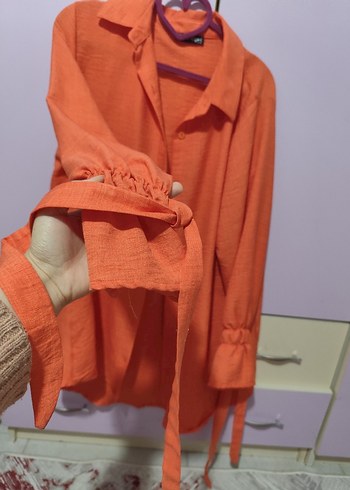 Turuncu Düğmeli Uzun Kollu Keten Gömlek - Görsel 4