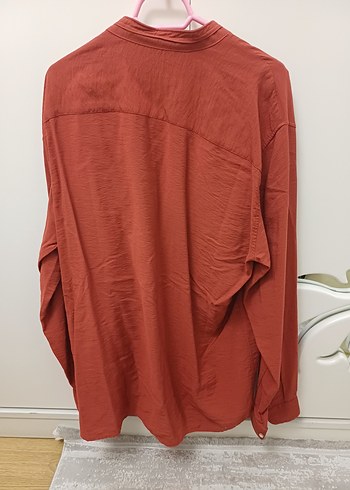 Kırmızı Bol Kesim Uzun Kollu Keten Gömlek - Görsel 2