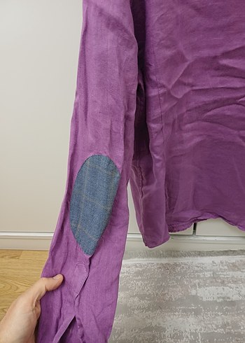 Mor Keten Erkek Gömlek, Düğmeli, Uzun Kollu - Görsel 3