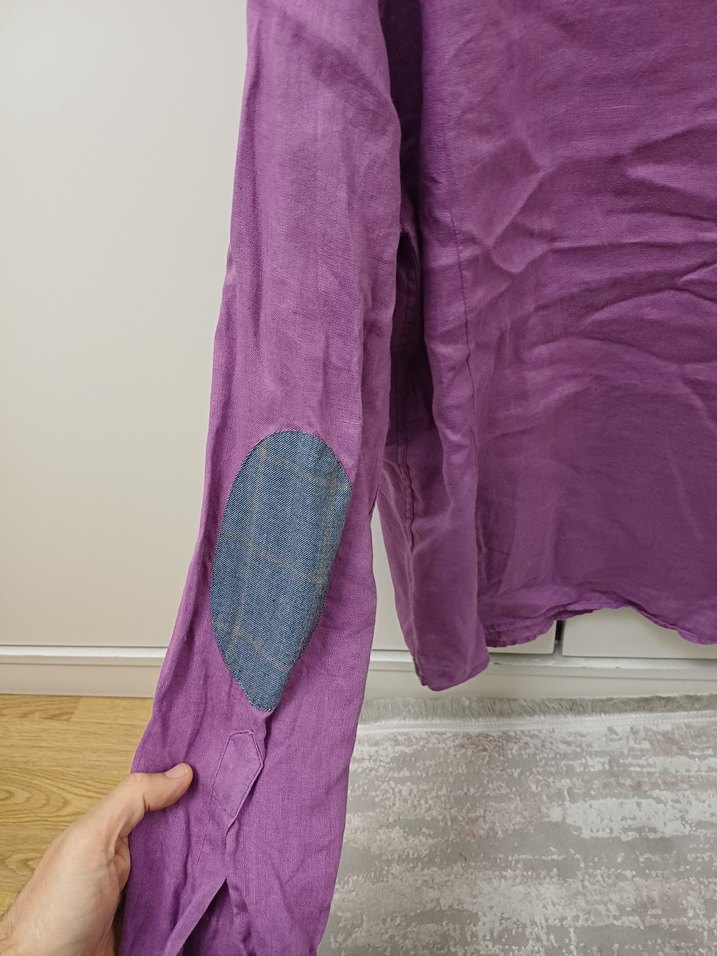 Mor Keten Erkek Gömlek, Düğmeli, Uzun Kollu - Görsel 3