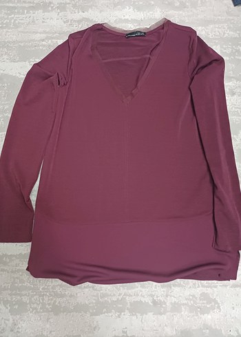 Bordo V Yakalı Kadın Uzun Kollu Gömlek - Görsel 2