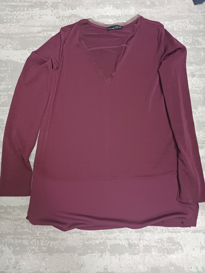 Bordo V Yakalı Kadın Uzun Kollu Gömlek - Görsel 2