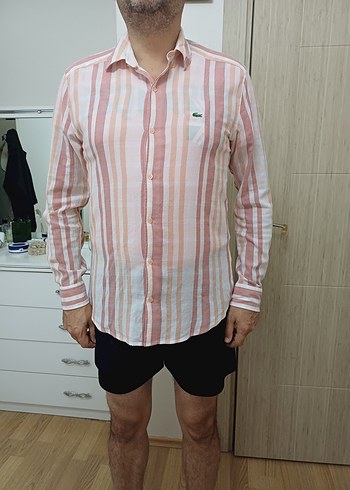 Çizgili Pembe Erkek Keten Gömlek