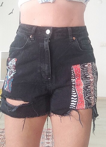 m Beden siyah Renk Patchwork desenli siyah mom şort 