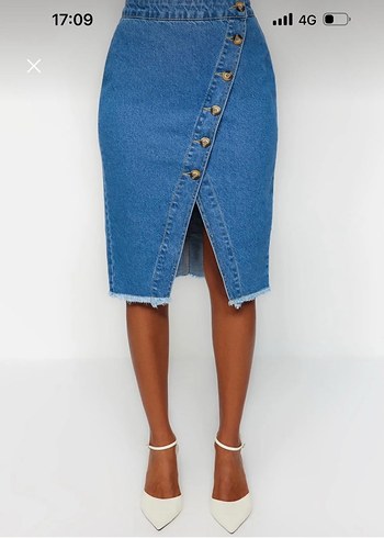 Düğmeli Mavi Denim Midi Kalem Etek