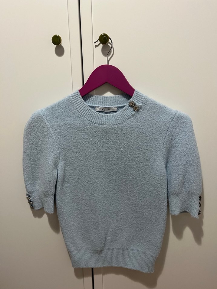 Açık Mavi Kısa Kollu Triko Kadın Kazak - Görsel 4