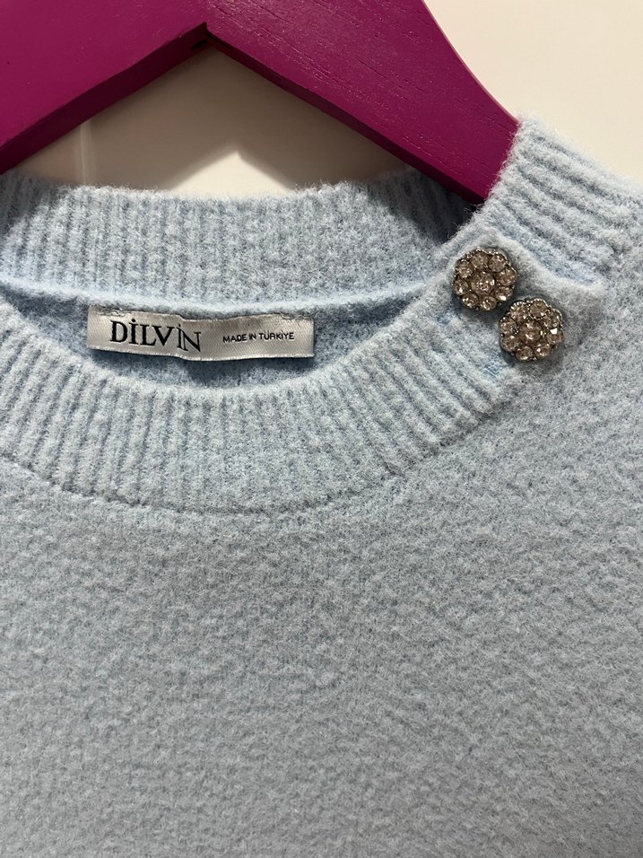 Açık Mavi Kısa Kollu Triko Kadın Kazak - Görsel 2