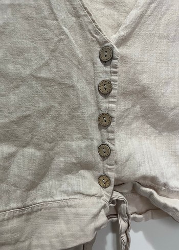 Düğmeli V Yaka Keten Kadın Yelek - Görsel 3