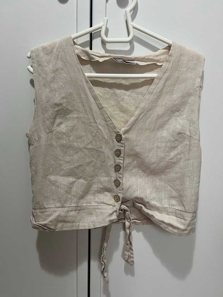 Düğmeli V Yaka Keten Kadın Yelek - Görsel 2