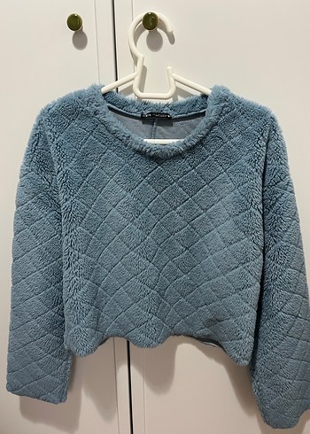 Mavi Örgü Detaylı Kısa Kadın Sweatshirt - Görsel 2