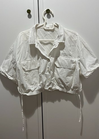 Düğmeli Beyaz Kısa Kollu Keten Gömlek - Görsel 2