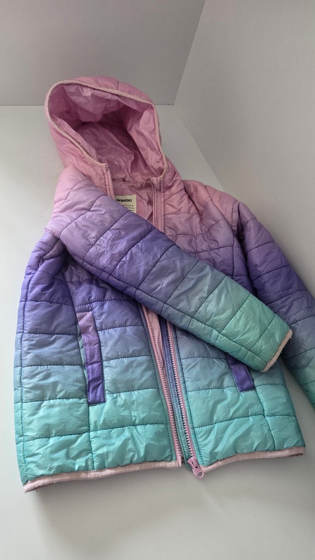 Kız Çocuk Pastel Renkli Kapüşonlu Mont - Görsel 5