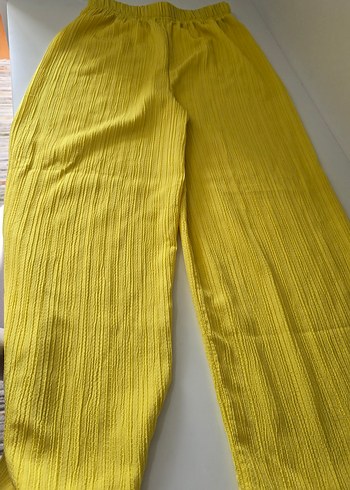 Kadın Sarı Keten Pilili Bol Kesim Pantolon - Görsel 5