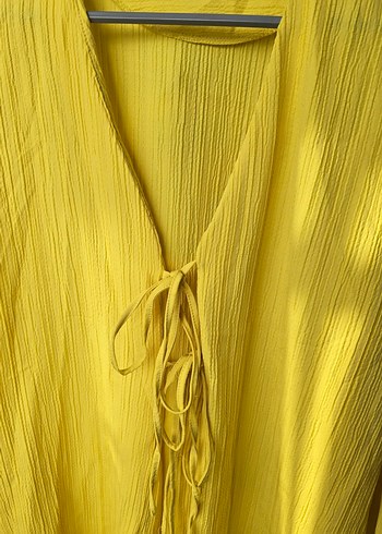 Kadın Sarı Keten Pilili Bol Kesim Pantolon - Görsel 2