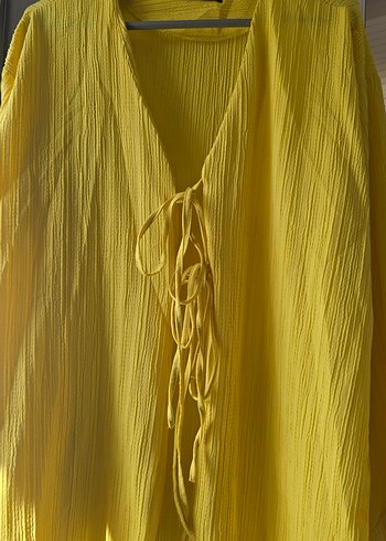 Kadın Sarı Keten Pilili Bol Kesim Pantolon - Görsel 3