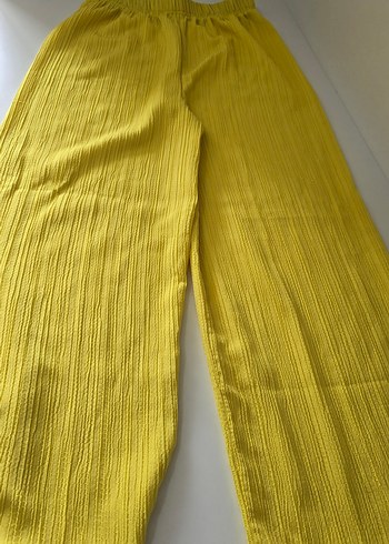 Kadın Sarı Keten Pilili Bol Kesim Pantolon - Görsel 4