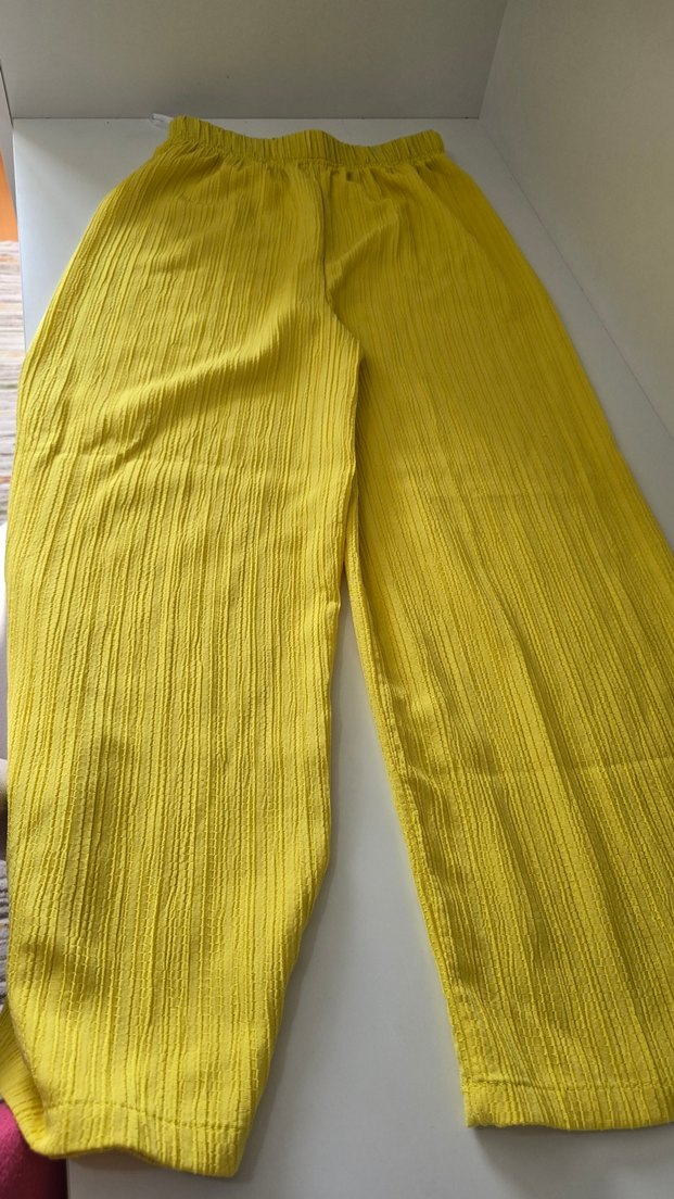 Kadın Sarı Keten Pilili Bol Kesim Pantolon - Görsel 5