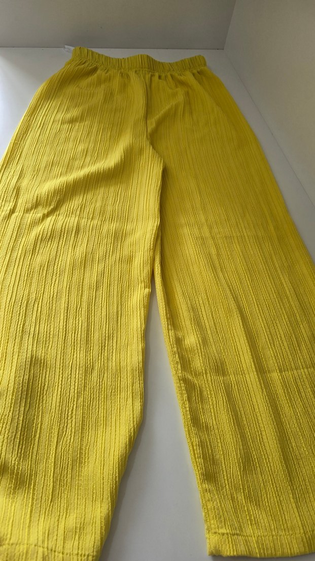 Kadın Sarı Keten Pilili Bol Kesim Pantolon - Görsel 4