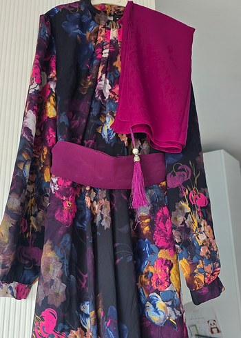 Bohem Yüksek Yakalı Uzun Mor Elbise - Görsel 2