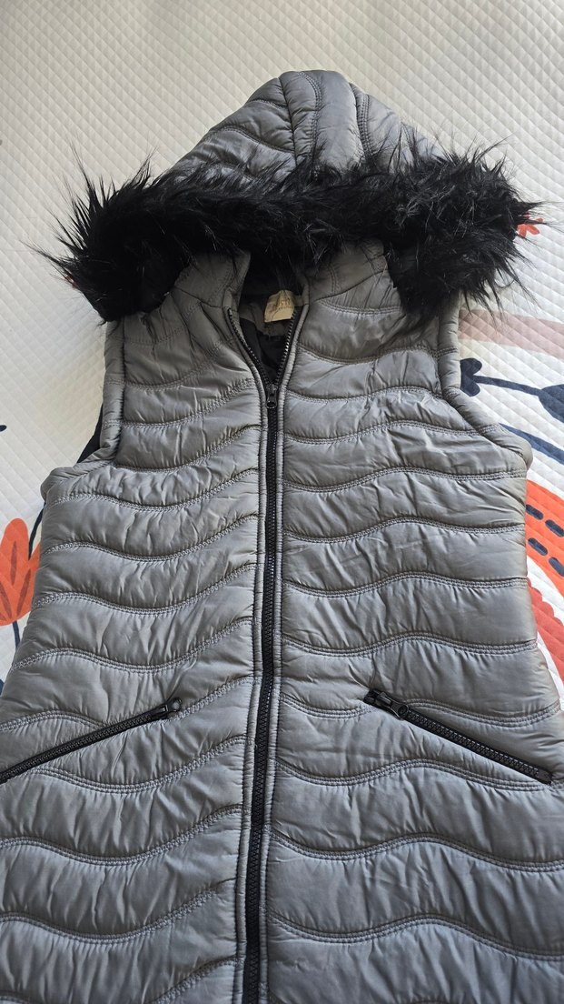 Kürklü Gri Uzun Kadın Yelek - Görsel 2