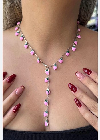 Pembe İşlemeli Zincir Detaylı Midi Kolye - Görsel 2