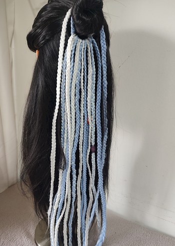 Bohem Püsküllü Mavi Örgü Saç Aksesuarı - Görsel 2