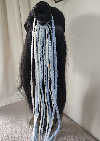 Bohem Püsküllü Mavi Örgü Saç Aksesuarı - Görsel 4