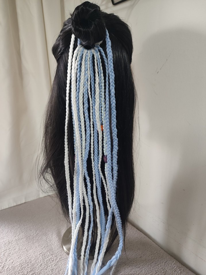 Bohem Püsküllü Mavi Örgü Saç Aksesuarı - Görsel 4